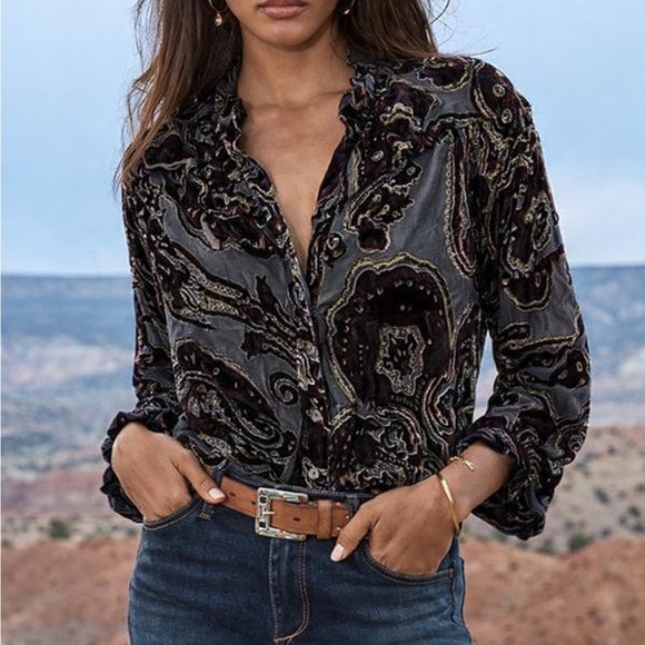 Poleci European Floral paisley Velvet velour long sleeve Shirt Small